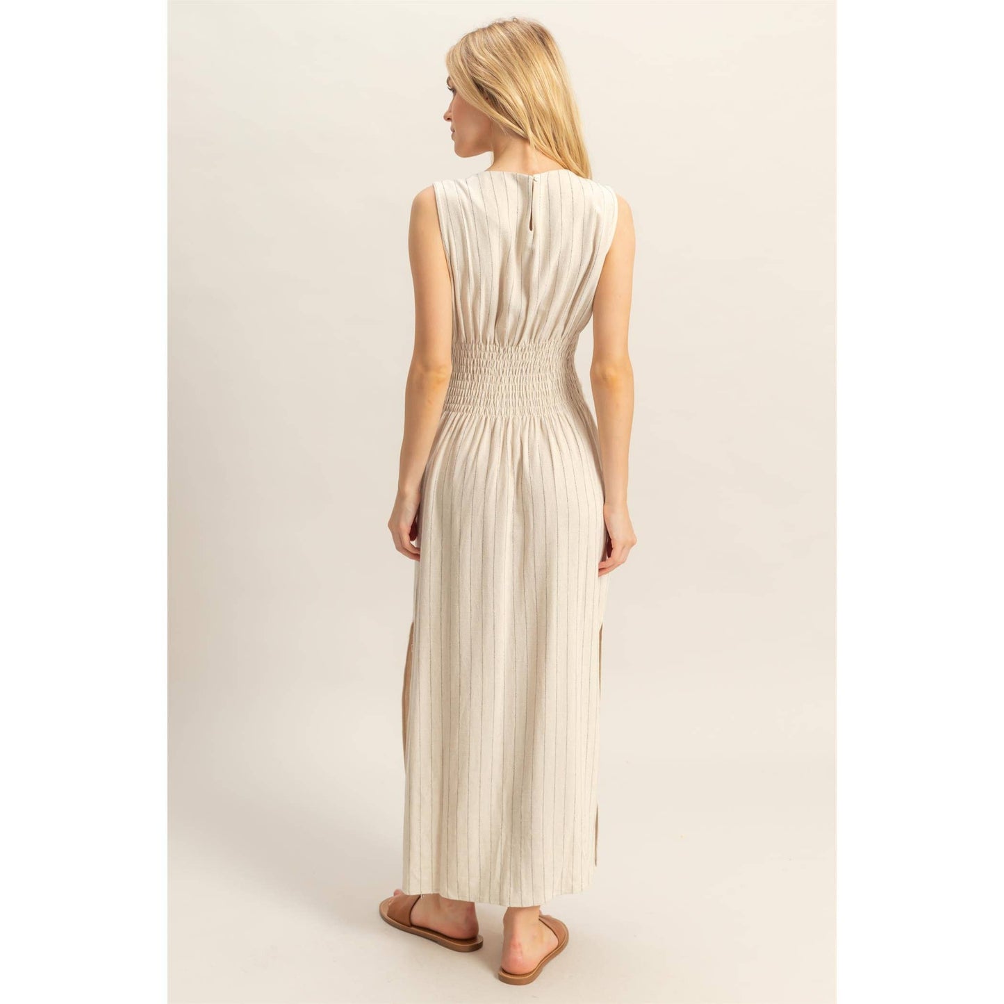 HYFVE - HF25E059-Striped Rayon Linen Side Slit Maxi Dress
