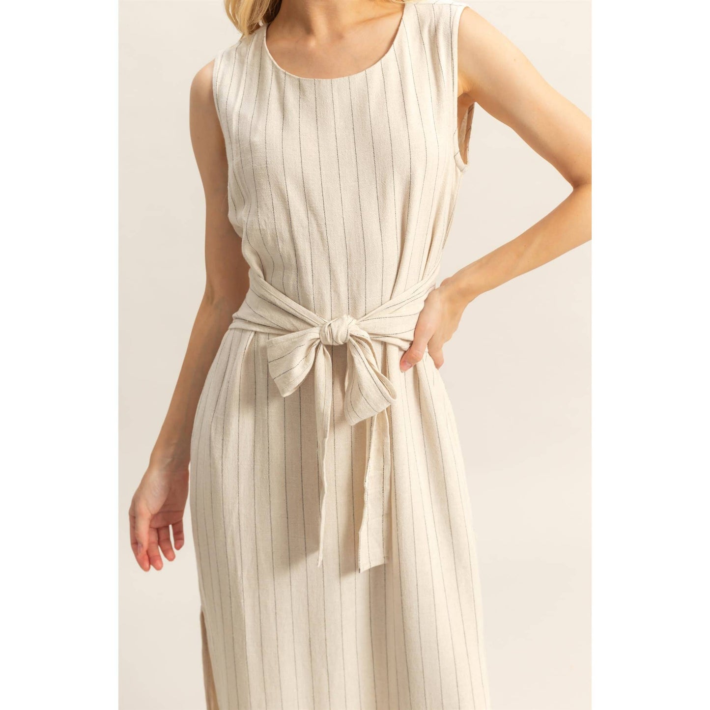 HYFVE - HF25E059-Striped Rayon Linen Side Slit Maxi Dress