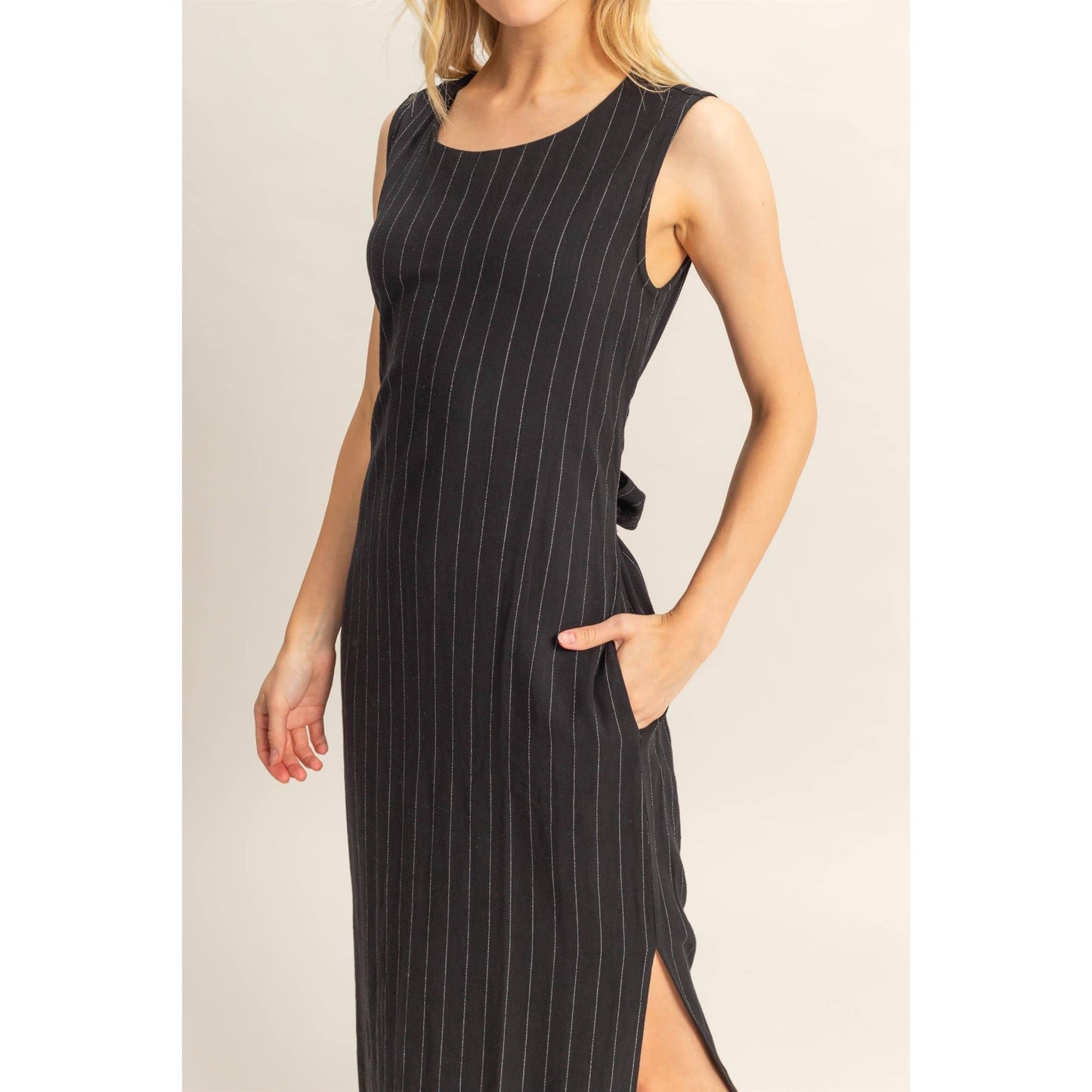 HYFVE - HF25E059-Striped Rayon Linen Side Slit Maxi Dress