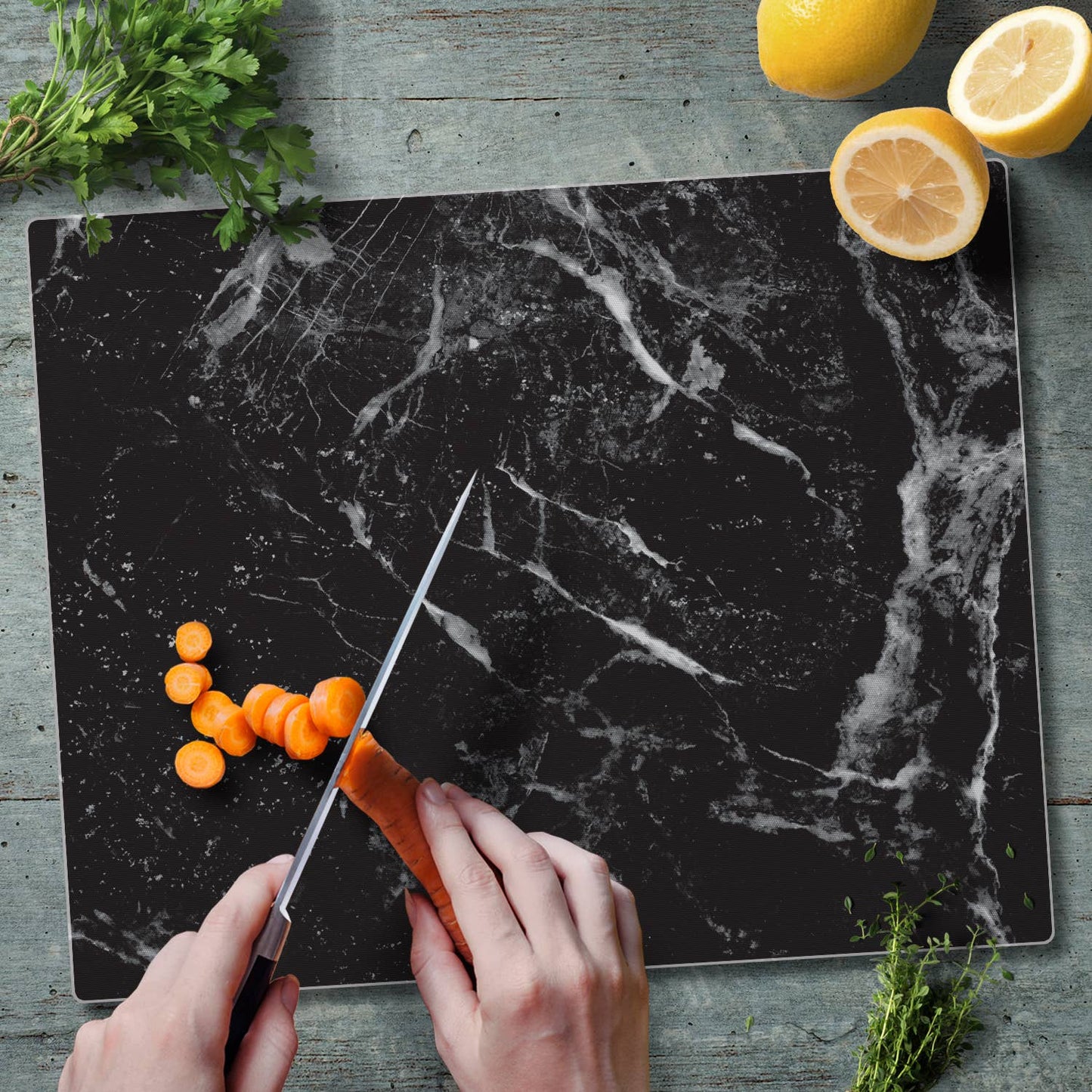 CounterArt and Highland Home - Black Marble Design Tempered Glass Cutting Board