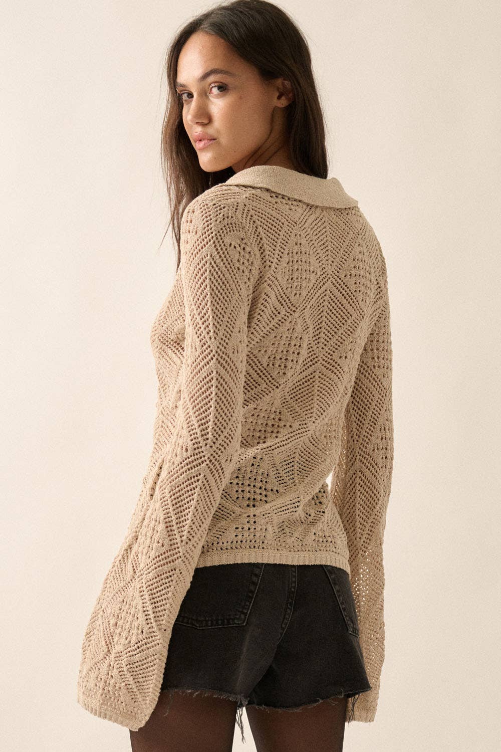 Promesa USA - Solid Geometric-Pointelle Bell-Sleeve Cardigan - Oatmeal