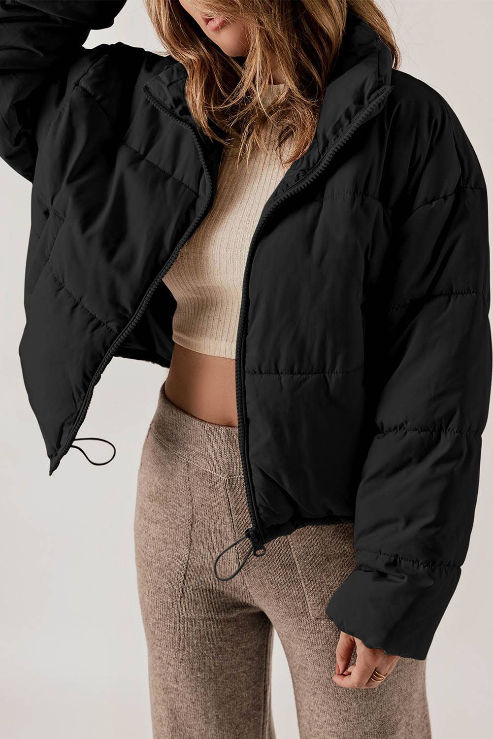 Little Daisy Closet - Black Zip Up Drawstring Hem Puffer Coat