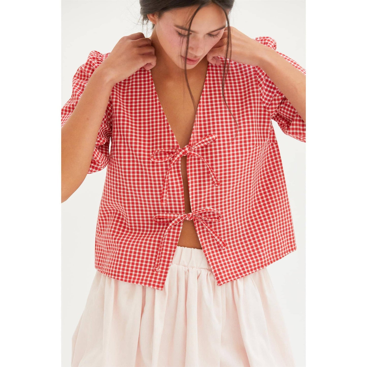 HYFVE - DZ25C145-Gingham Print Bow Tie Puff Sleeve Blouse