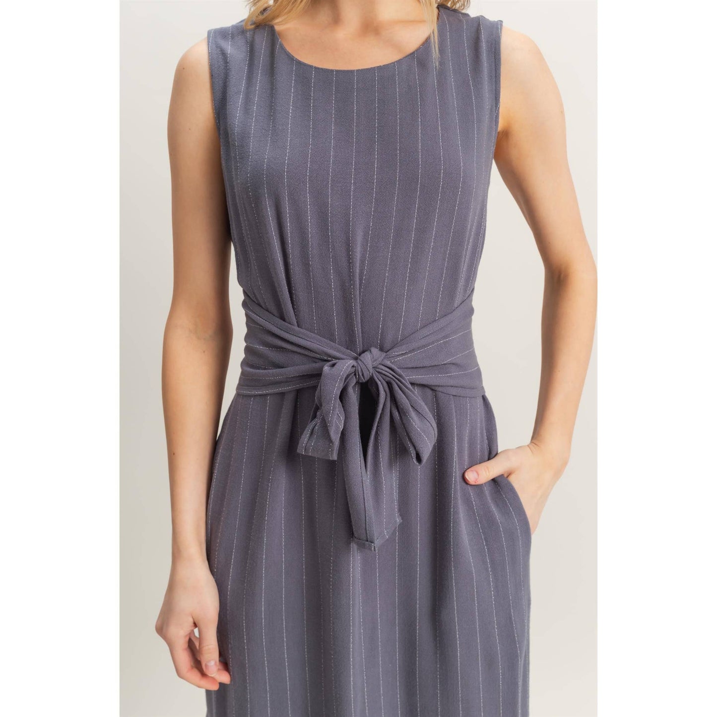 HYFVE - HF25E059-Striped Rayon Linen Side Slit Maxi Dress