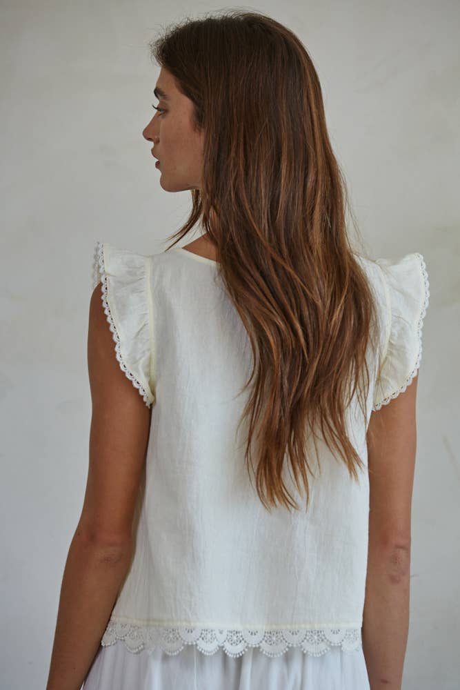 By Together - Woven Cotton Embroidered Lace Trim Ruffle Top