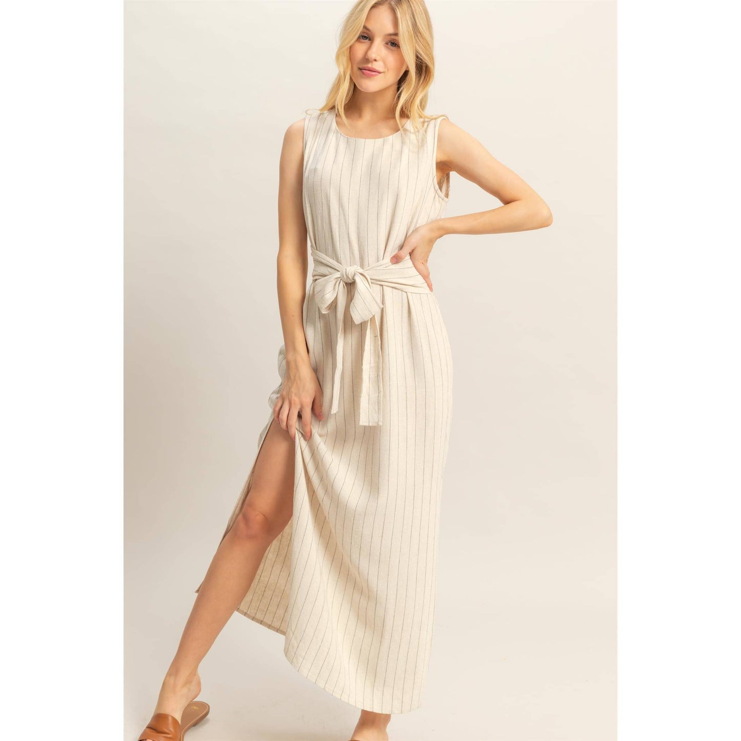HYFVE - HF25E059-Striped Rayon Linen Side Slit Maxi Dress