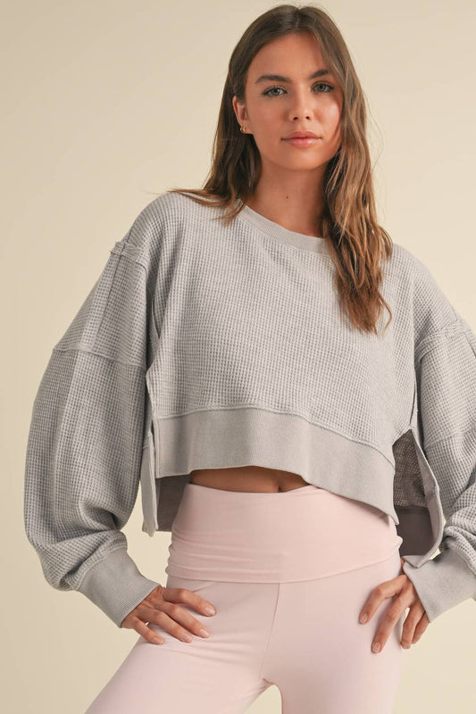 KIMBERLY C - Waffle Knit Oversized Long Sleeve Top - Grey