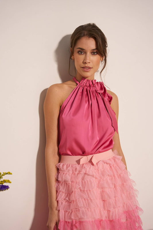 Choklate Paris - Elisabeth Satin Top with Bow - Fuchsia