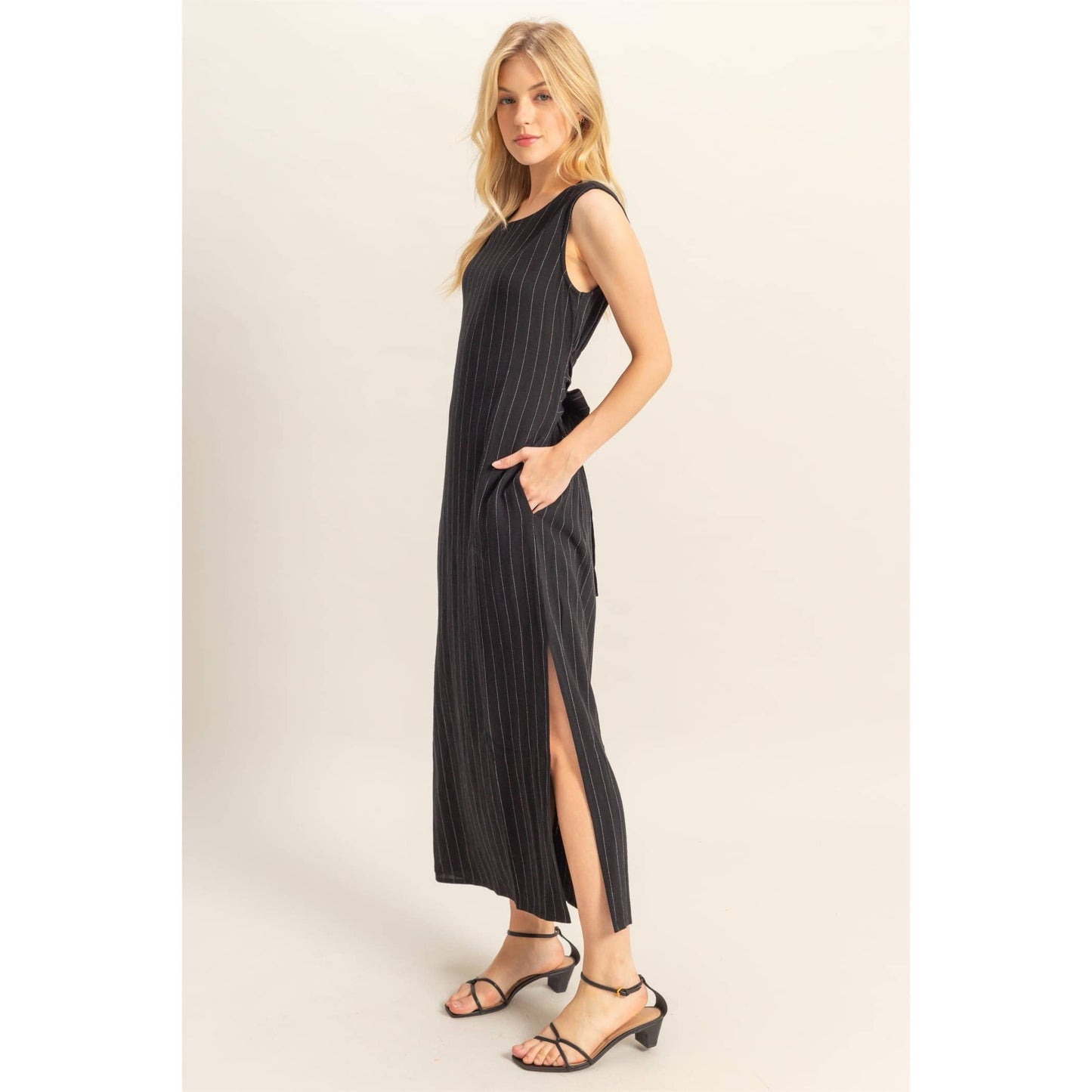 HYFVE - HF25E059-Striped Rayon Linen Side Slit Maxi Dress