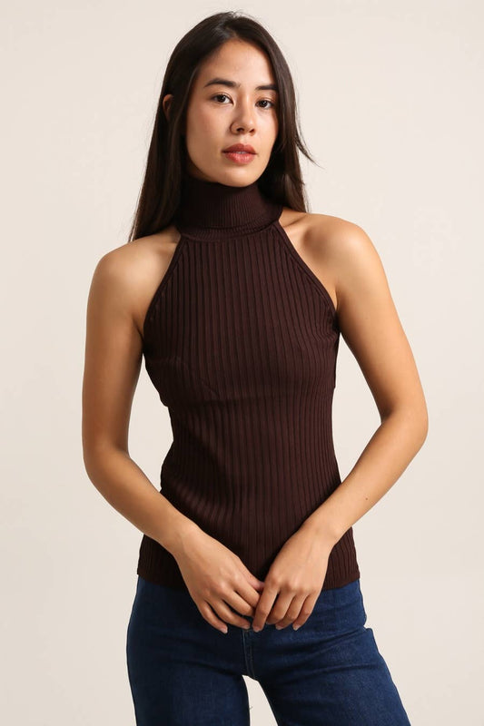 Choklate Paris - Ribbed Knit Turtleneck Tank Top - Choco