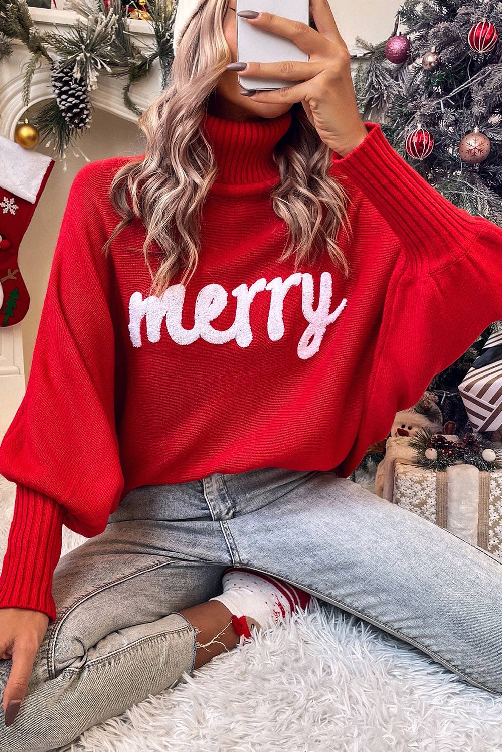 UNISHE - Merry Embroidered High Neck Sweater - Red