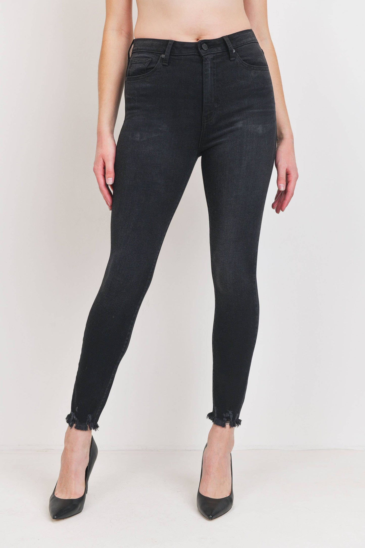 Just Black Denim - High Rise Distressed Fray Skinny - Washed Black