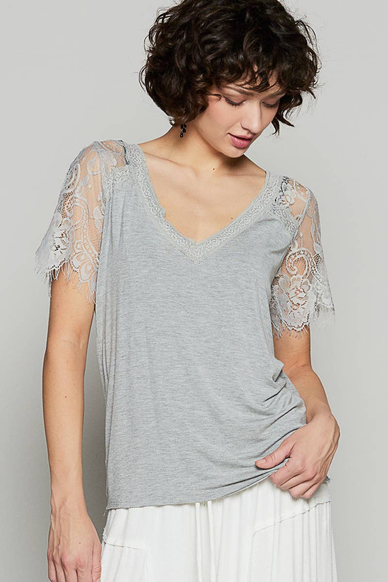 Pol Clothing - 1/2 lace sleeve v-neck tee