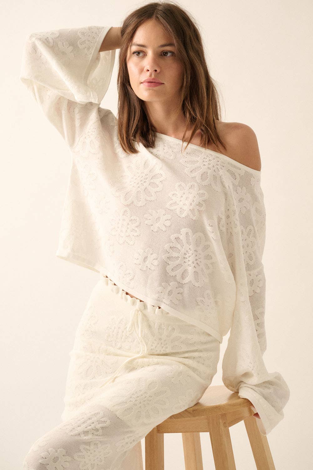 Promesa USA - Floral Jacquard Cropped Bell-Sleeve Sweater