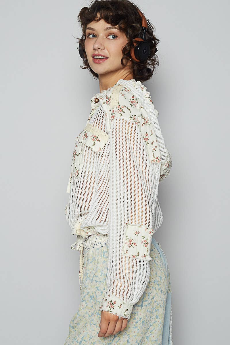 Pol Clothing - Vintage washed floral print patch crochet jacket
