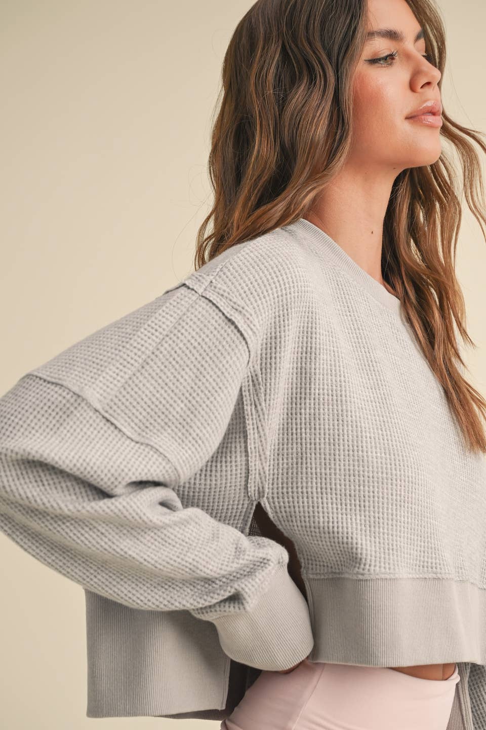 KIMBERLY C - Waffle Knit Oversized Long Sleeve Top - Pink
