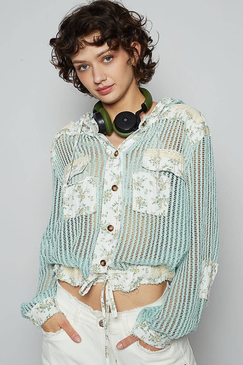 Pol Clothing - Vintage washed floral print patch crochet jacket