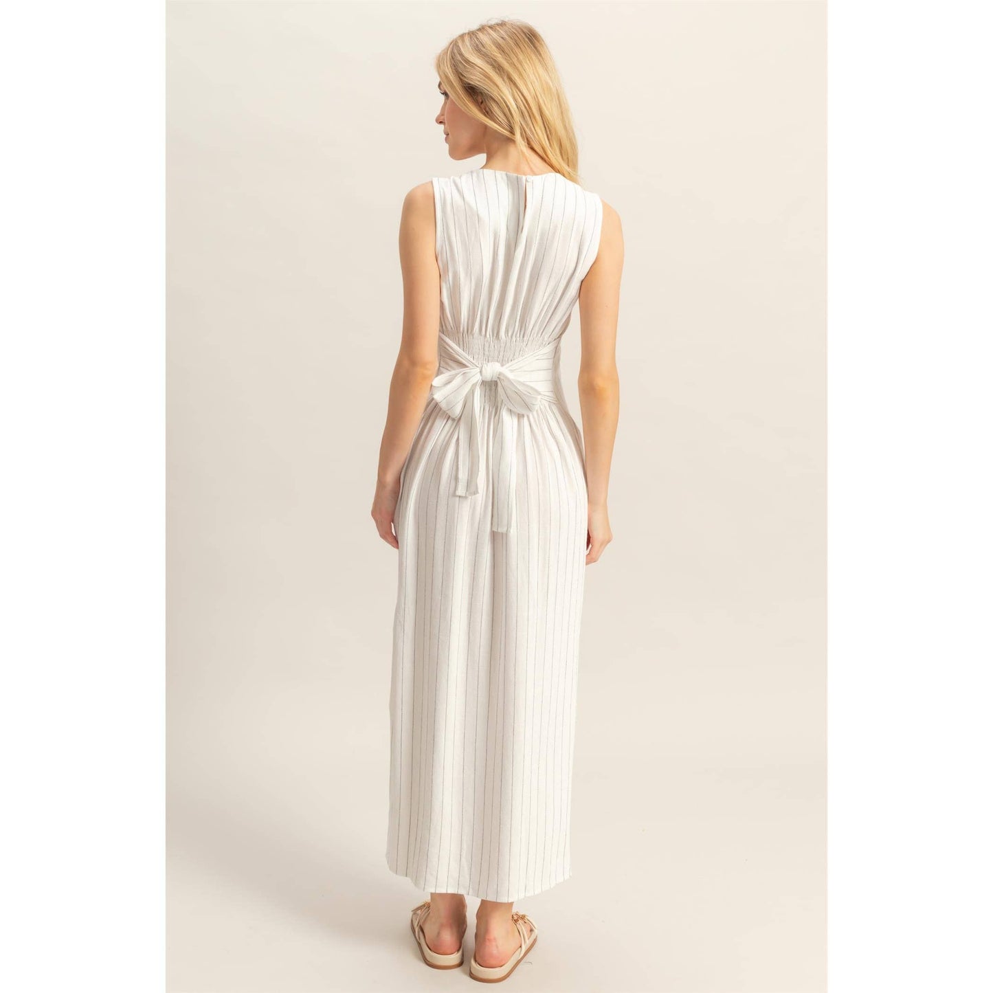 HYFVE - HF25E059-Striped Rayon Linen Side Slit Maxi Dress