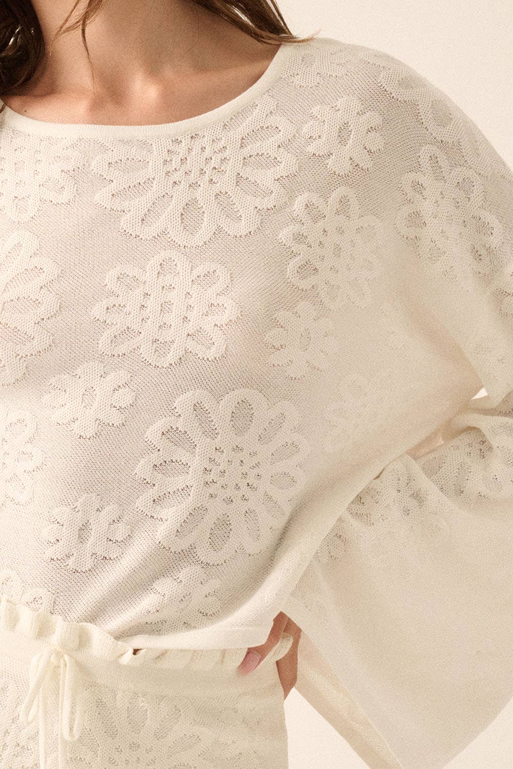 Promesa USA - Floral Jacquard Cropped Bell-Sleeve Sweater
