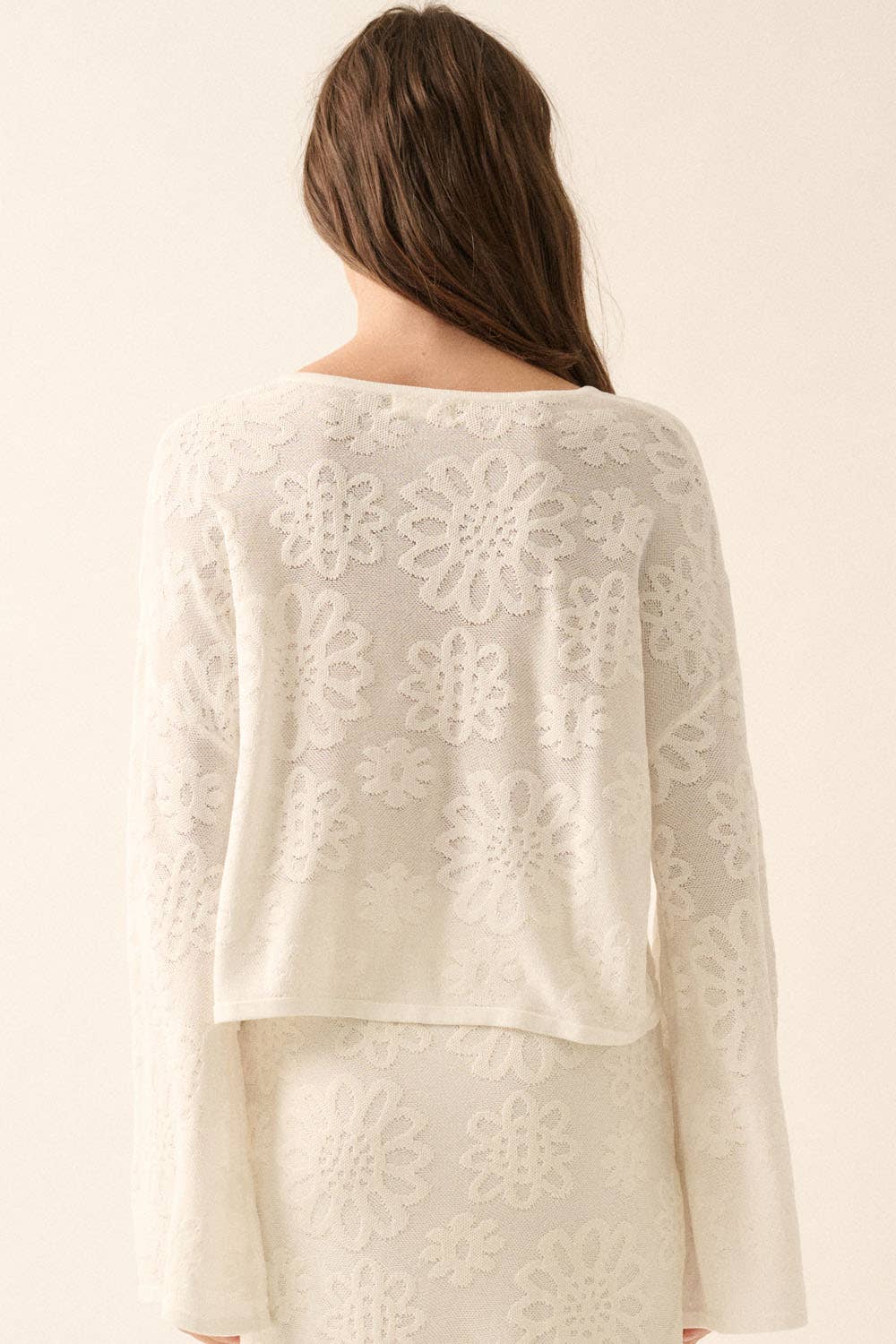 Promesa USA - Floral Jacquard Cropped Bell-Sleeve Sweater