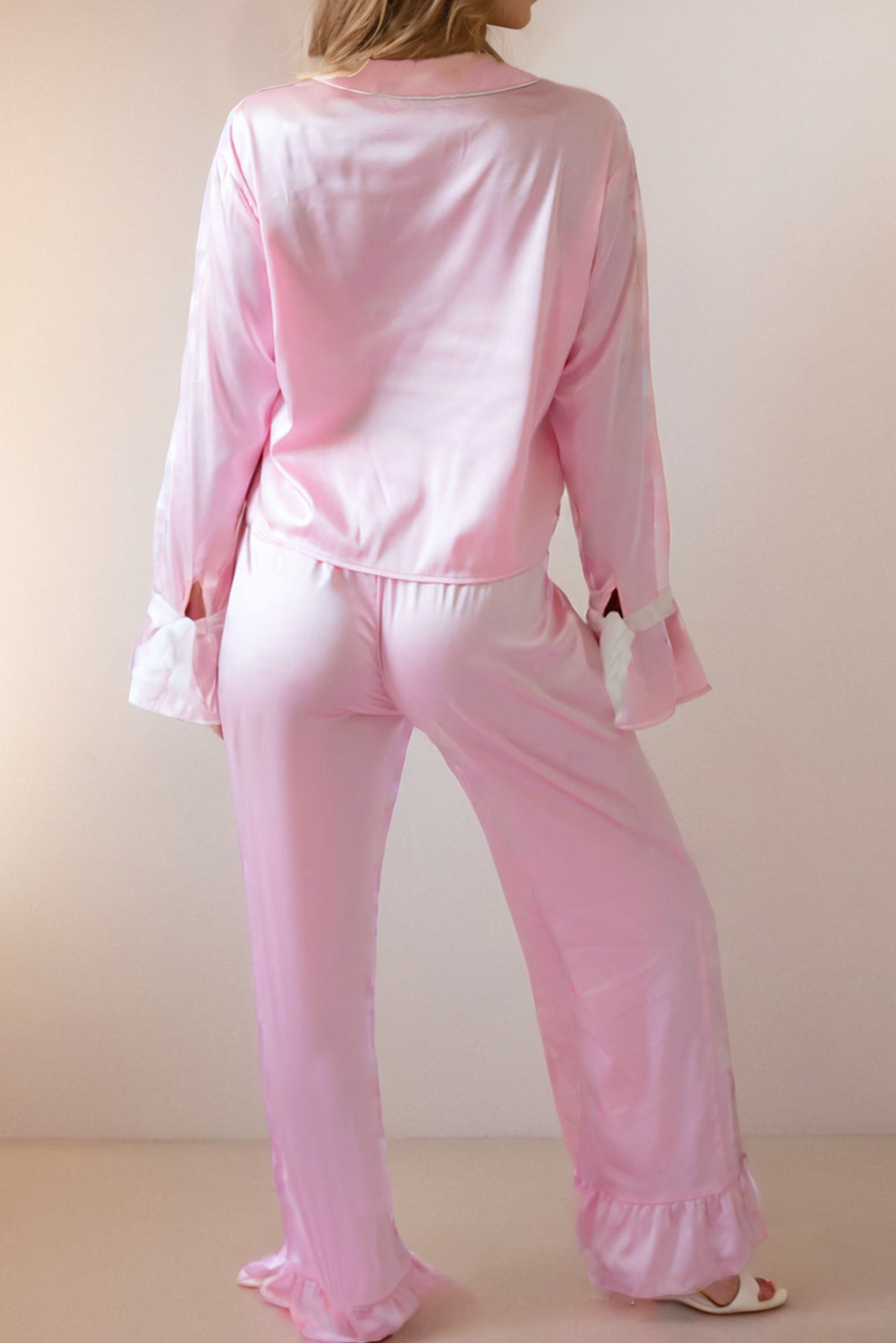 LA Society - Satin Knot Accent Shirt and Ruffled Pants Lounge Set - Pink