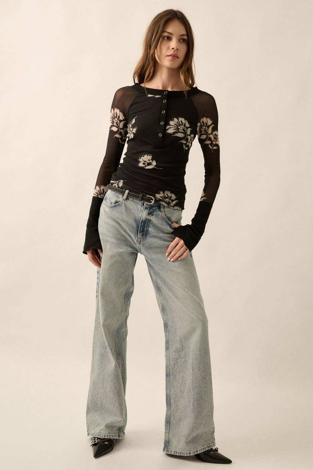 Promesa USA - Floral-Print Mesh Raglan-Sleeve Henley Top