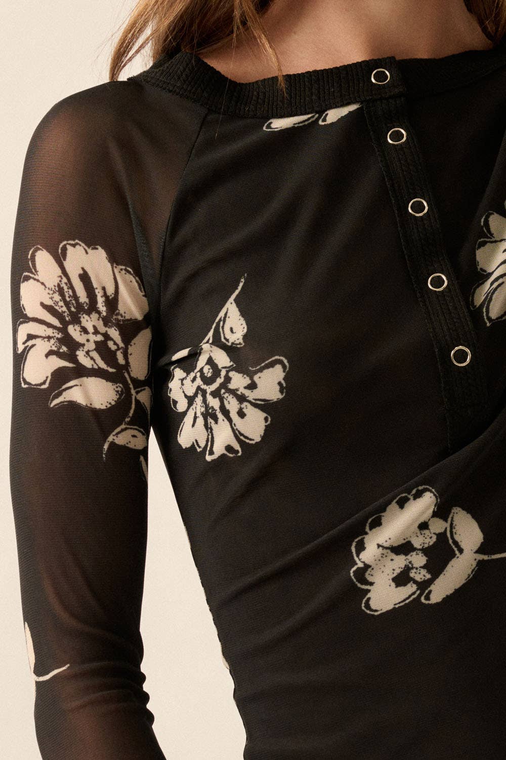 Promesa USA - Floral-Print Mesh Raglan-Sleeve Henley Top