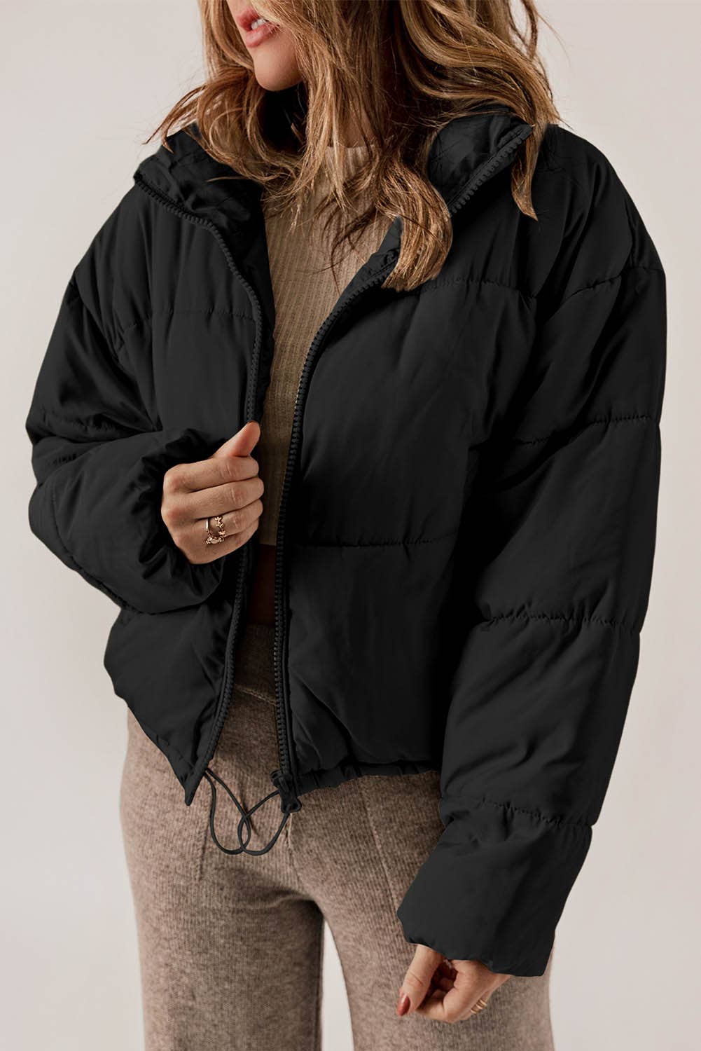 Little Daisy Closet - Black Zip Up Drawstring Hem Puffer Coat