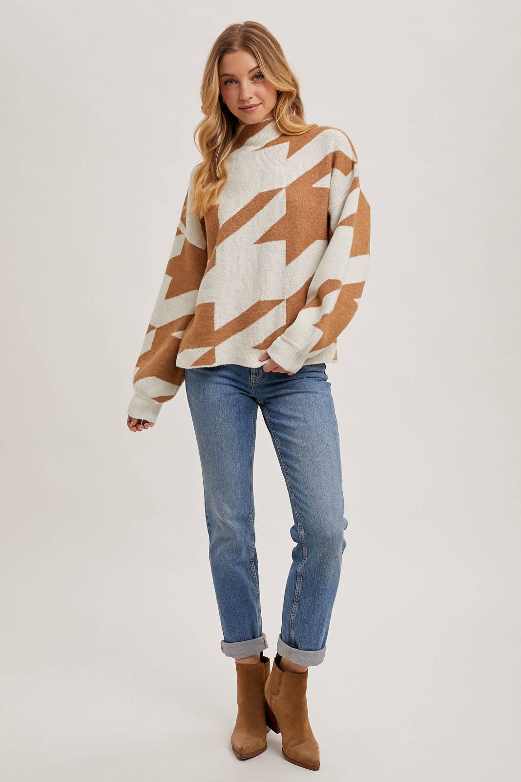 Bluivy - HOUNDSTOOTH MOCK NECK LOOSE FIT KNIT SWEATER