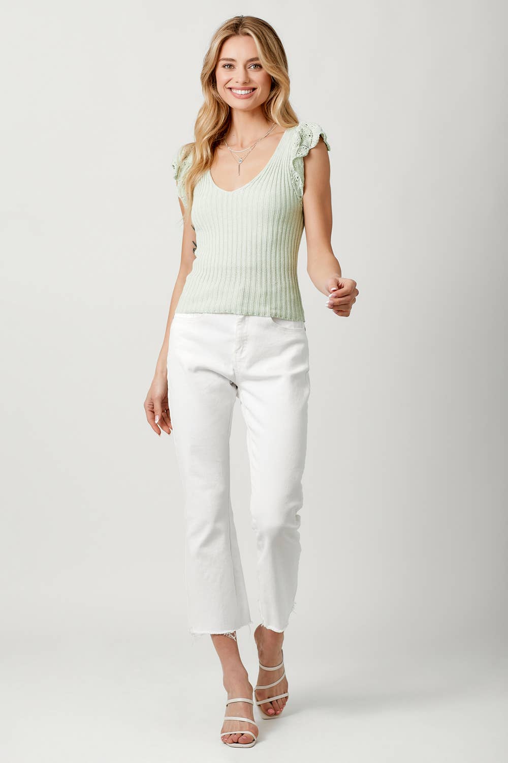 Mystree - Flutter Crochet Sleeve Sweater - Sage