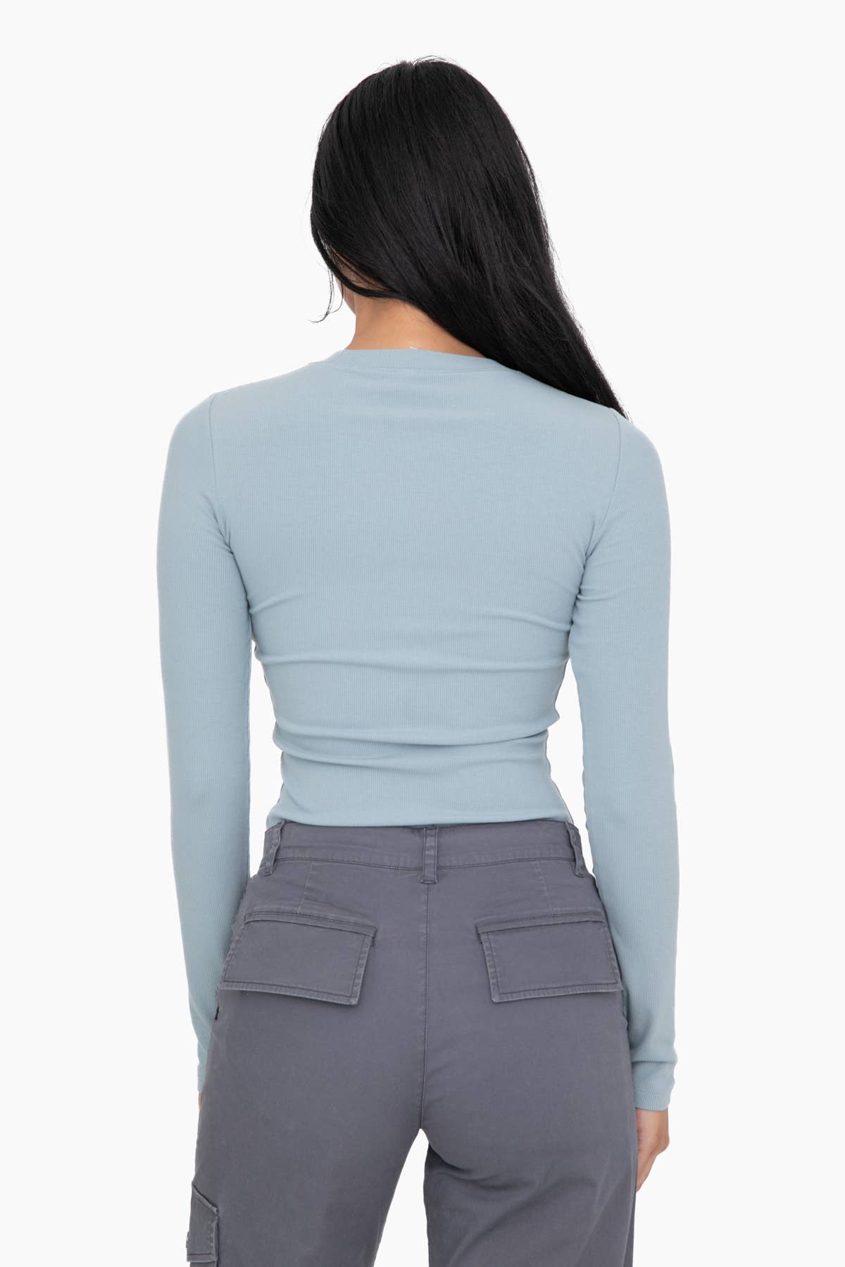 Mono B - Essential Long-Sleeved Micro-Ribbed Athleisure Top - Smoky Blue