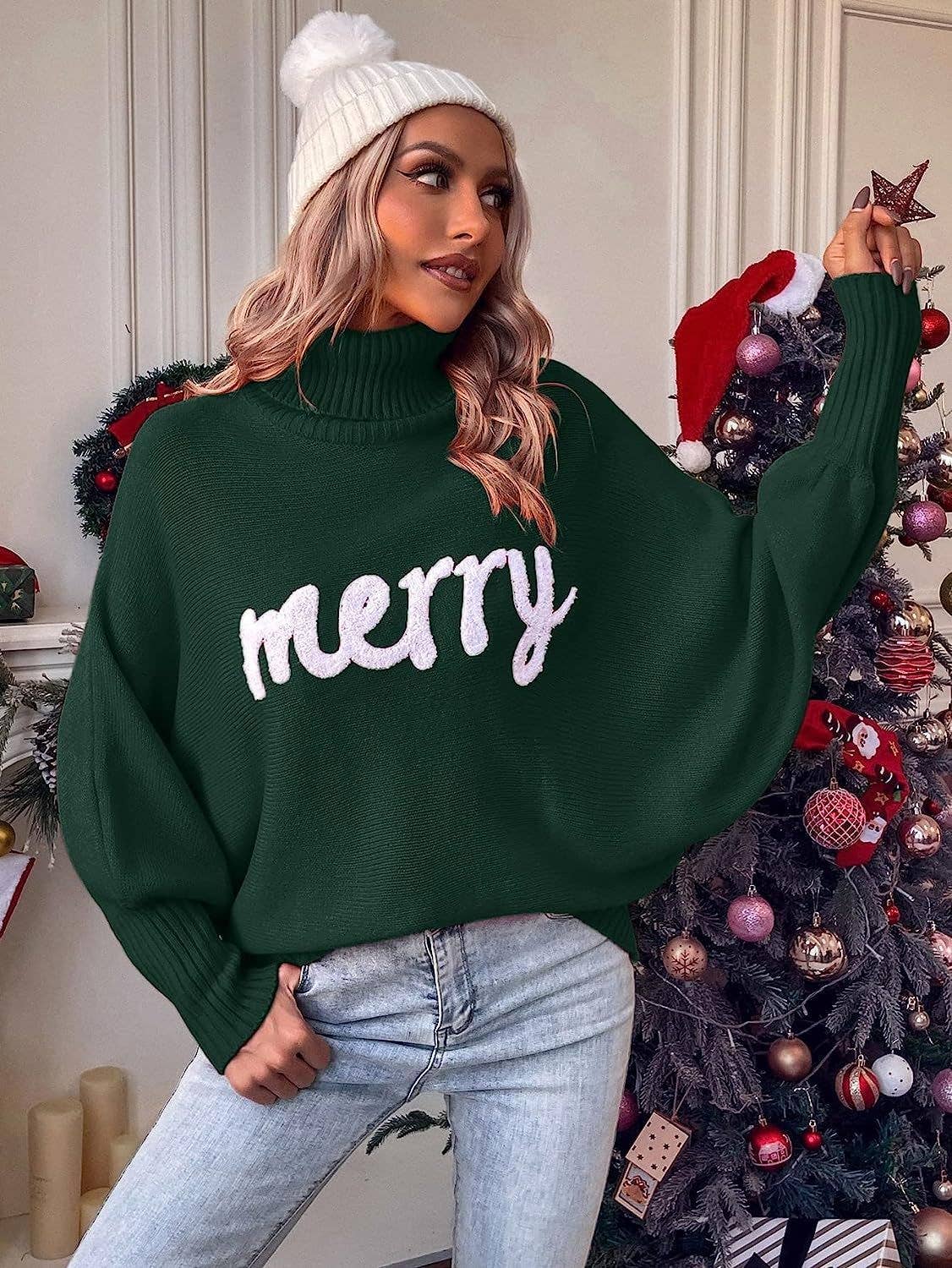 UNISHE - Merry Embroidered High Neck Sweater - Dark Green