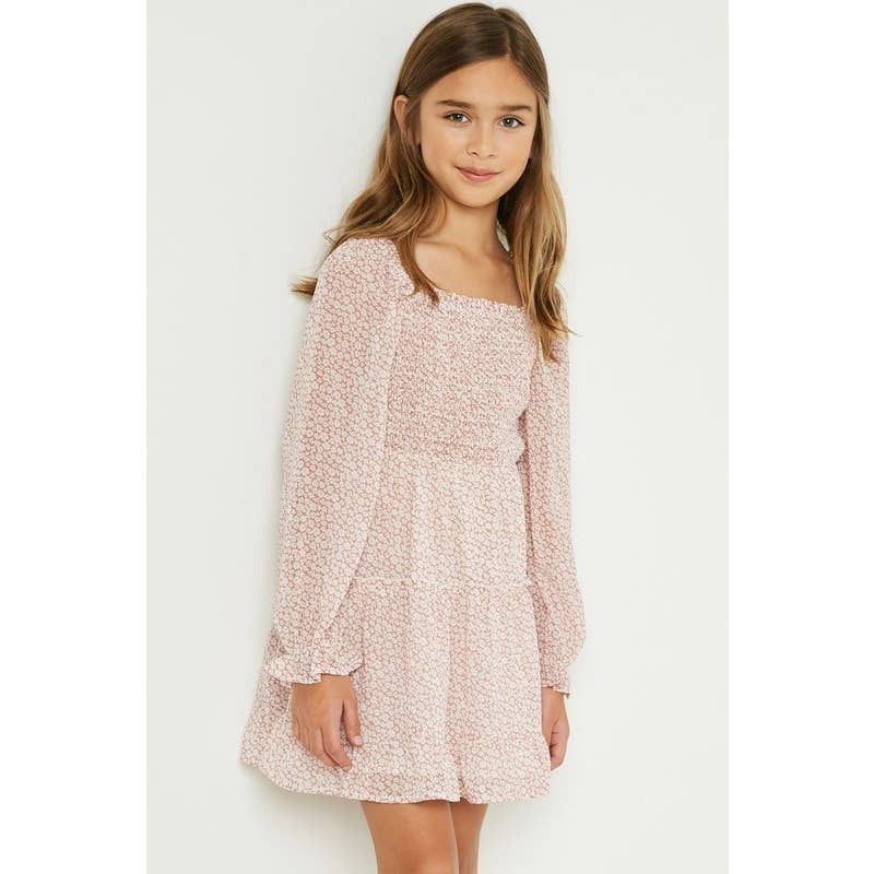 Paperdoll - Girls Smocked Square Neck Floral Mini Dress