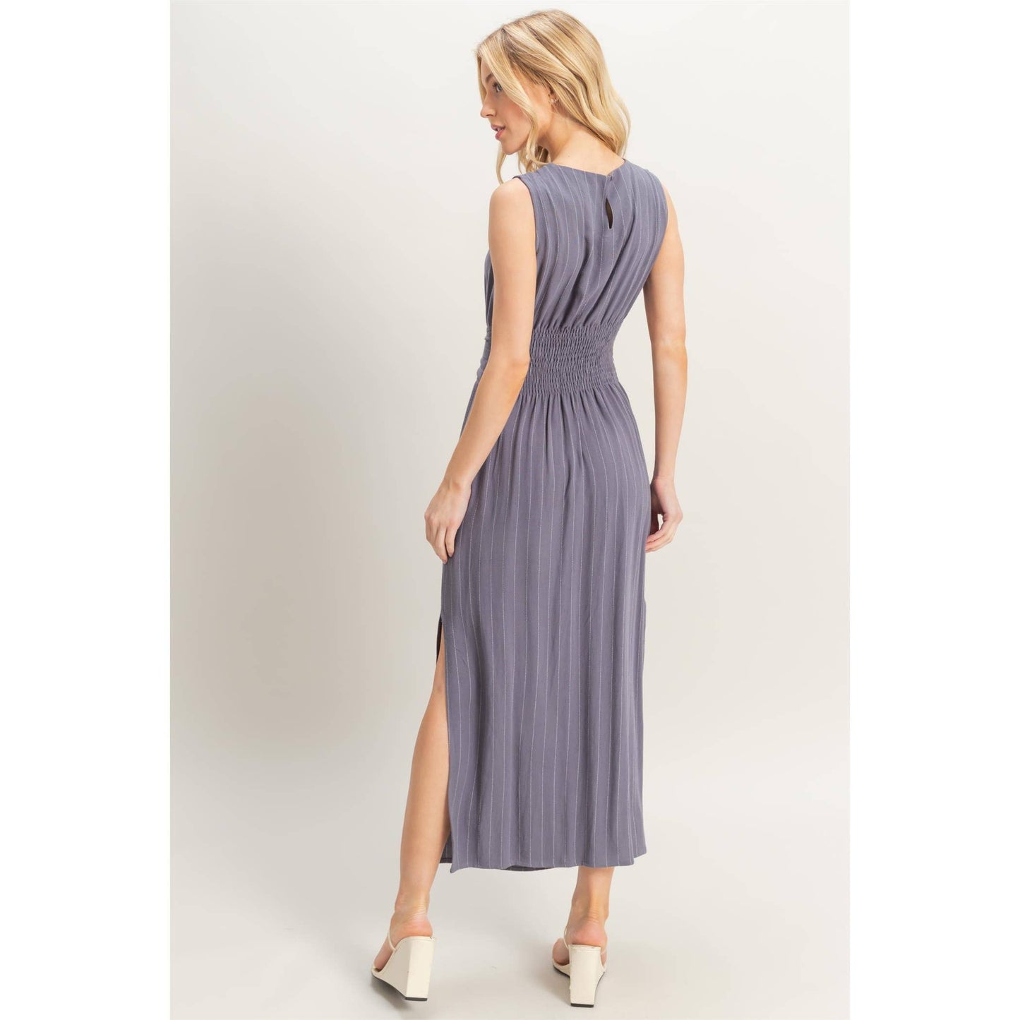 HYFVE - HF25E059-Striped Rayon Linen Side Slit Maxi Dress