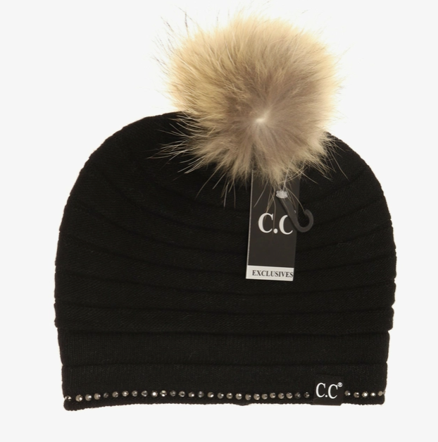 C.C Exclusive - Ridged Rhinestone Pom Beanie