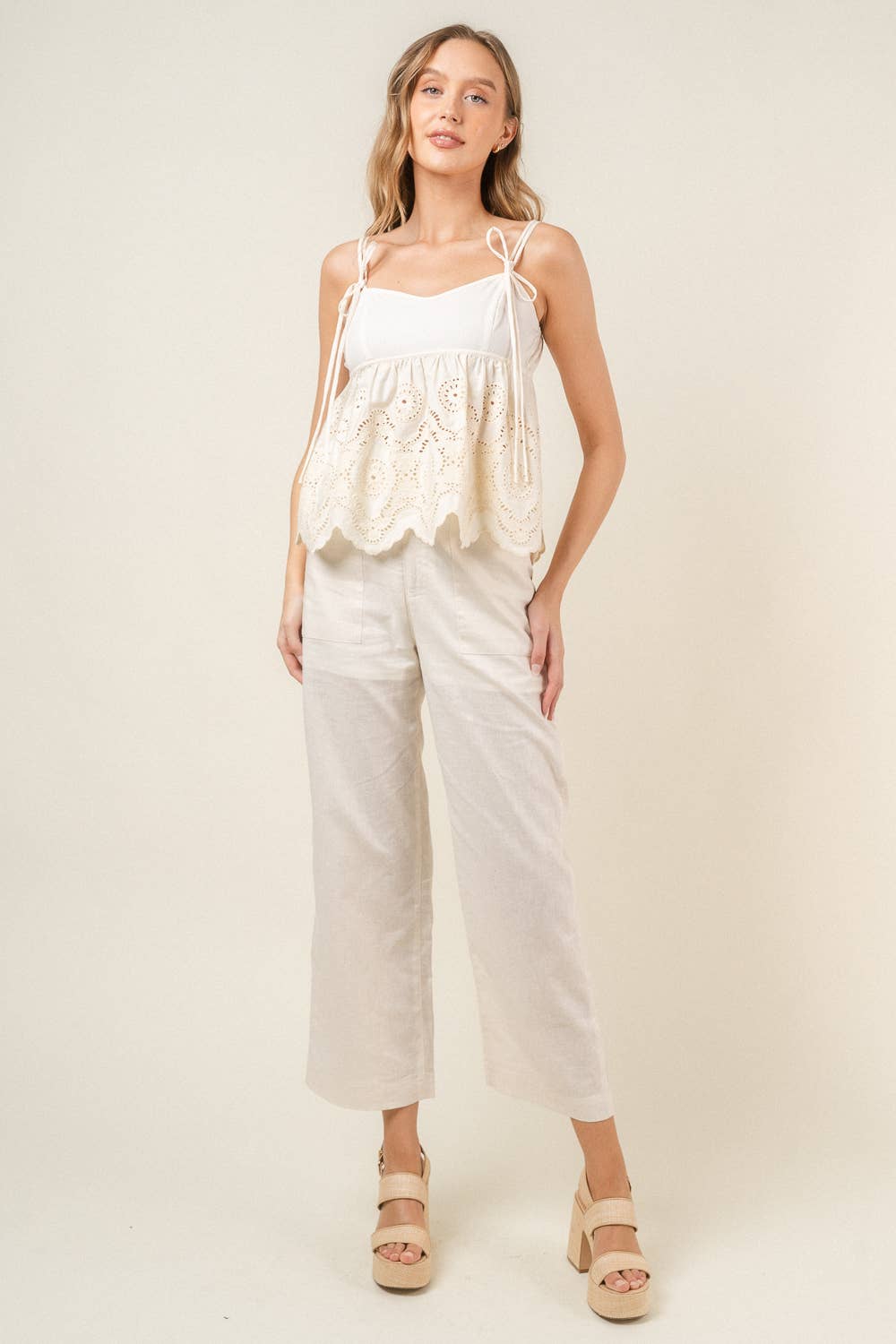 Fore Collection - Boho Chic Spaghetti Strap Peplum Eyelet Top