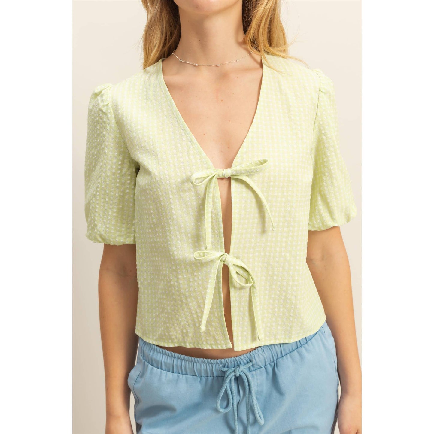 HYFVE - DZ25C145-Gingham Print Bow Tie Puff Sleeve Blouse