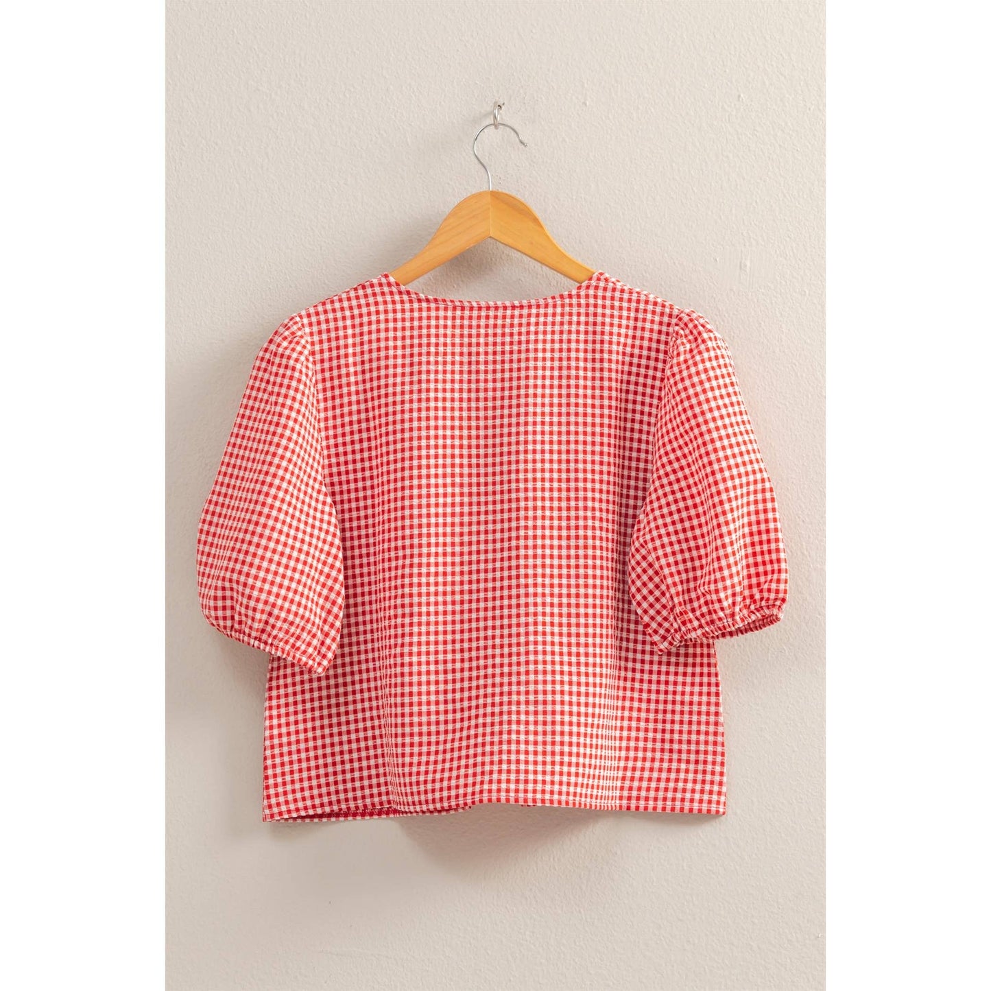 HYFVE - DZ25C145-Gingham Print Bow Tie Puff Sleeve Blouse