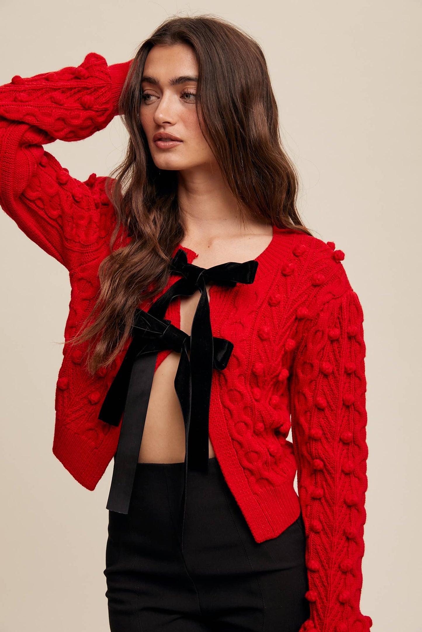 Sheer Trend - Bow Tie Closure Cable Knit Cardigan - Red