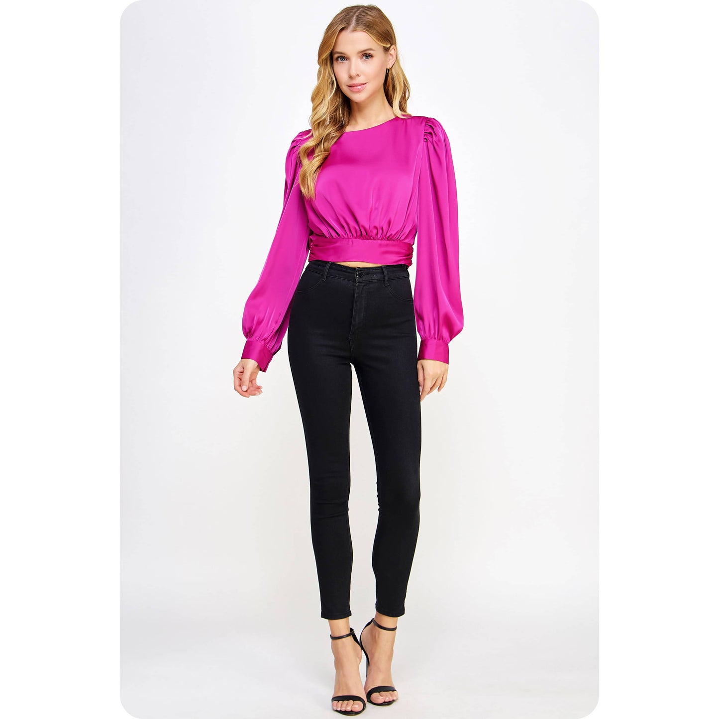 Open Back Tie Satin Blouse: Champagne / L