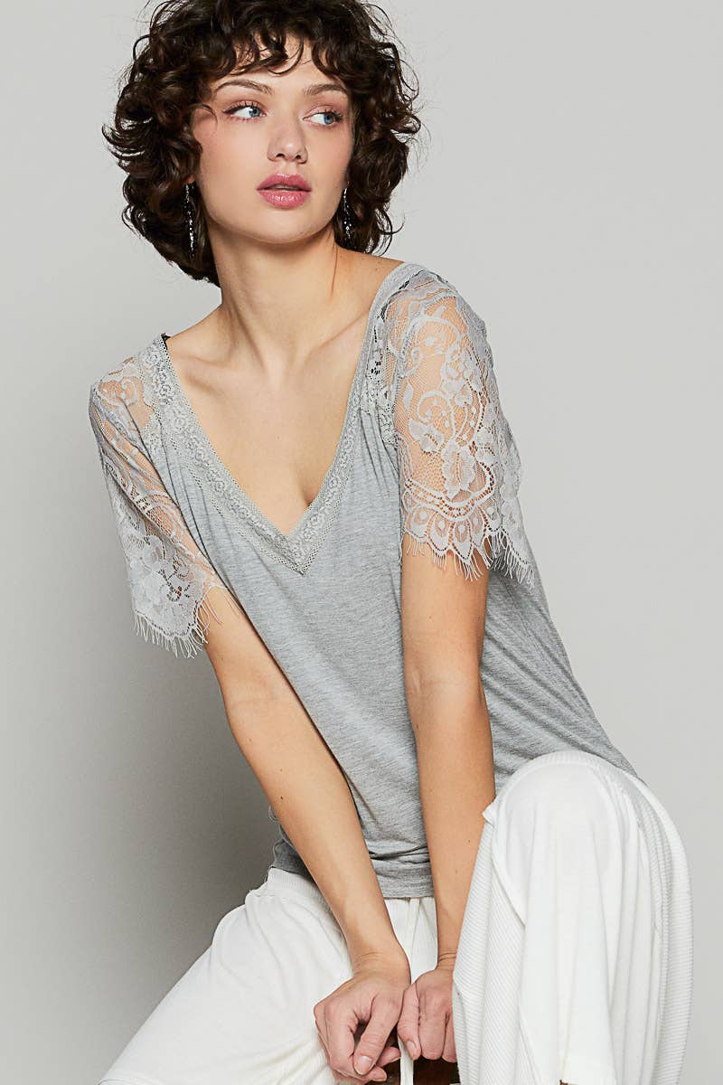 Pol Clothing - 1/2 lace sleeve v-neck tee