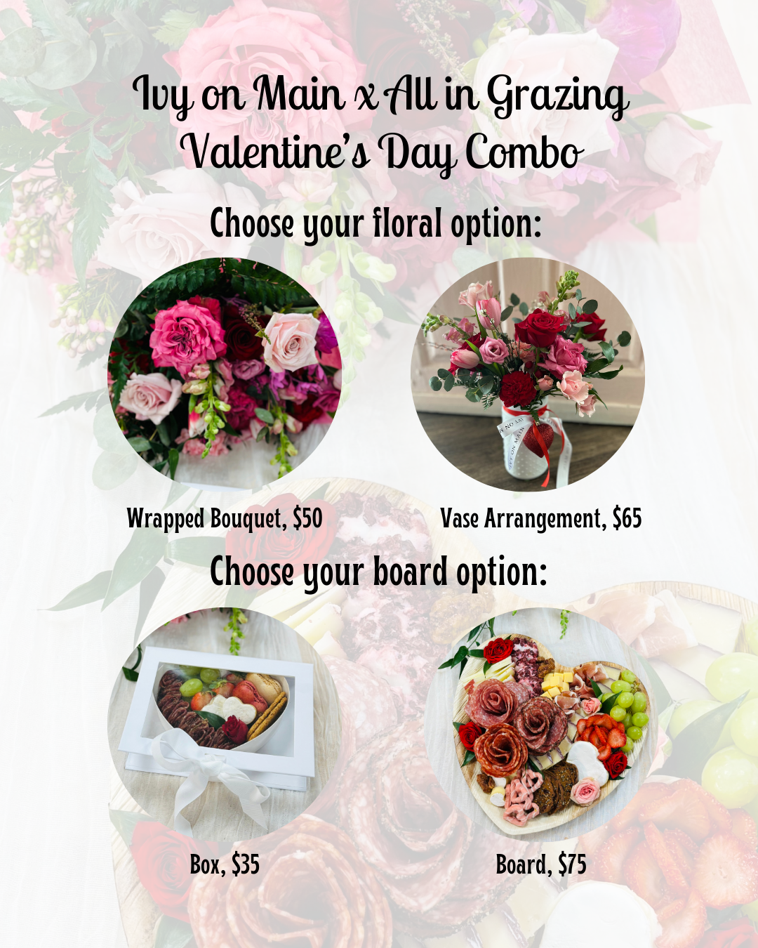 Ivy on Main x All in Grazing Valentine's Day Floral + Charcuterie Combo