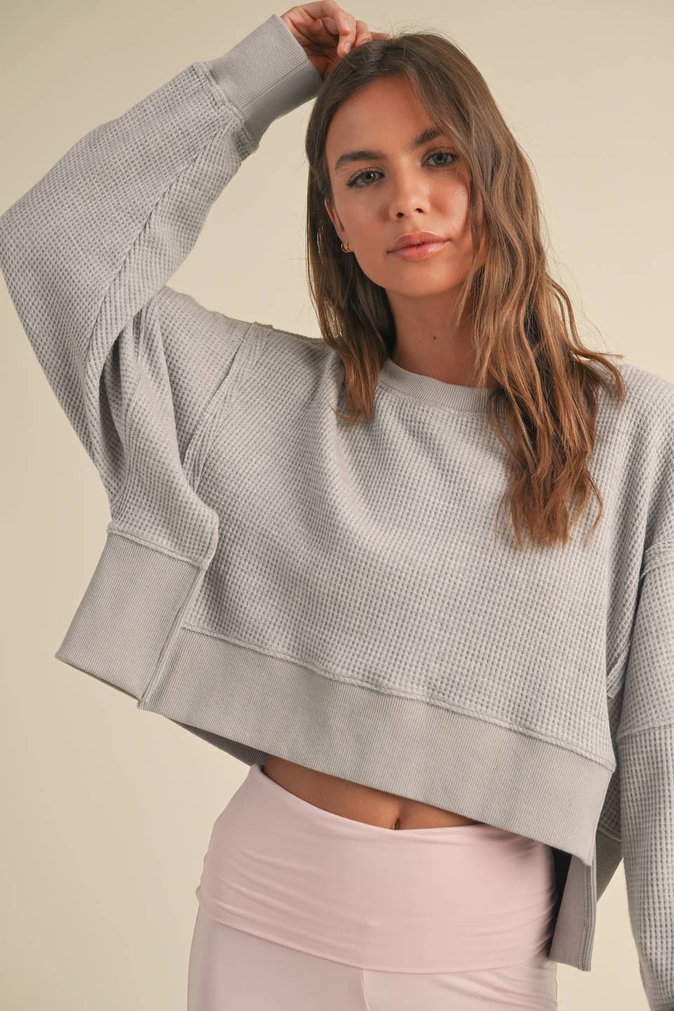 KIMBERLY C - Waffle Knit Oversized Long Sleeve Top - Grey