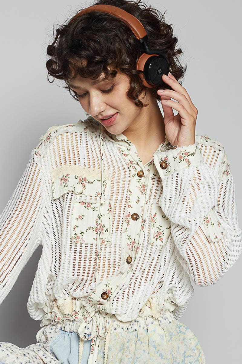 Pol Clothing - Vintage washed floral print patch crochet jacket