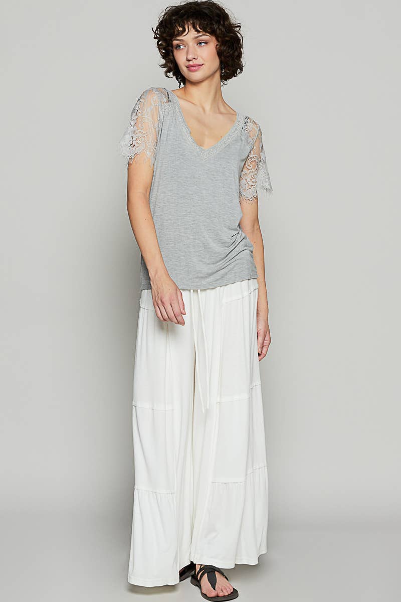 Pol Clothing - 1/2 lace sleeve v-neck tee