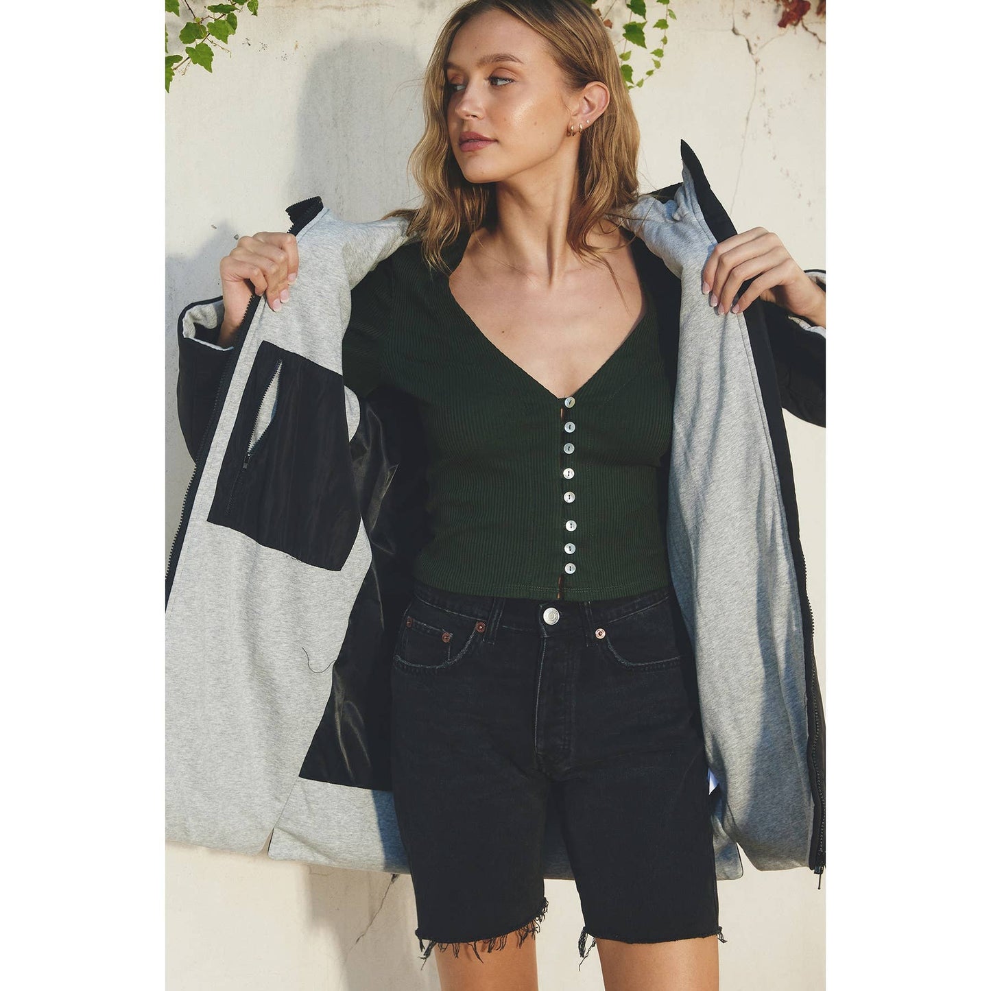 Dress Forum - Shell Button V Neck Long Sleeve Top - Pine