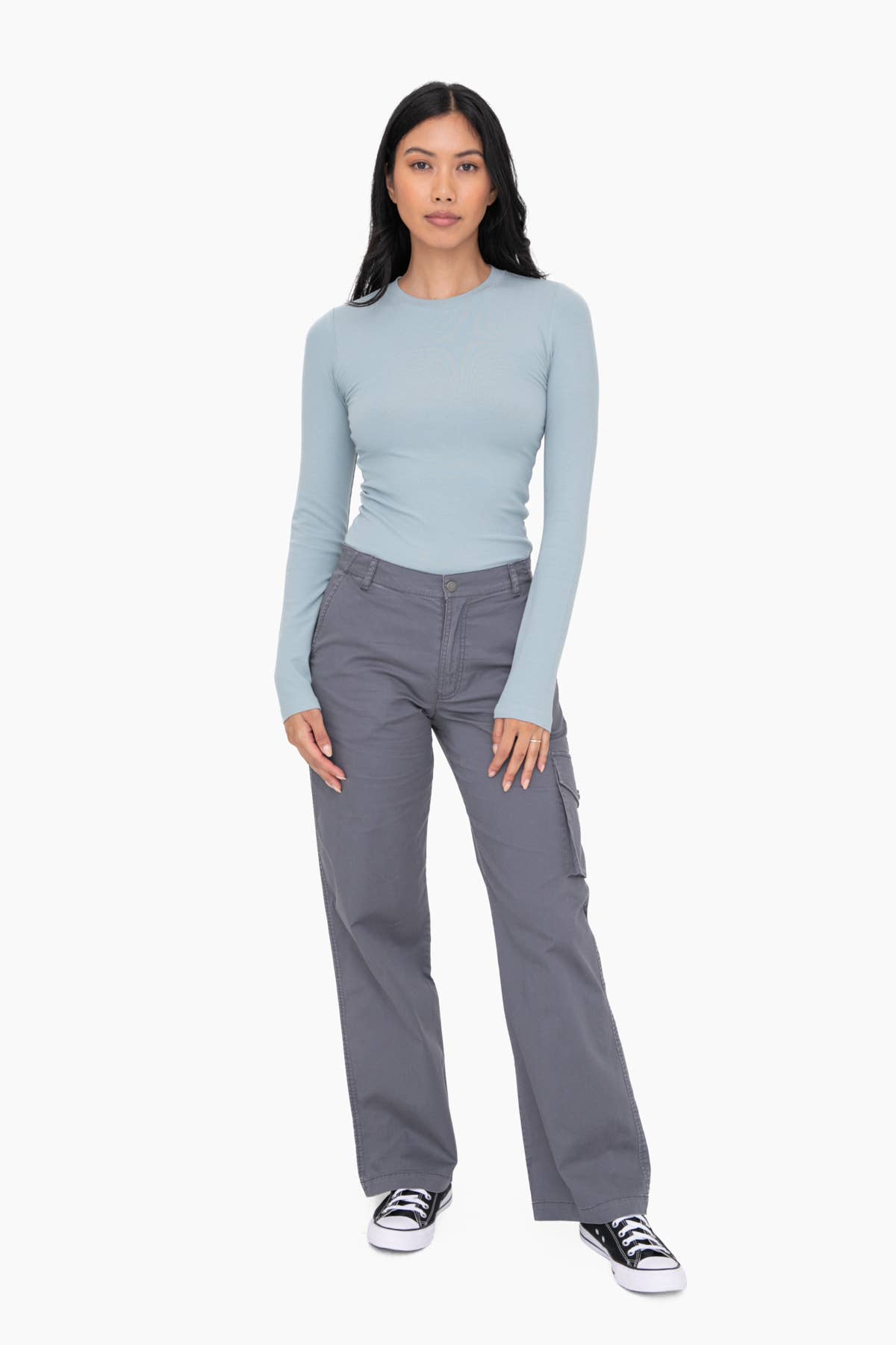 Mono B - Essential Long-Sleeved Micro-Ribbed Athleisure Top - Smoky Blue