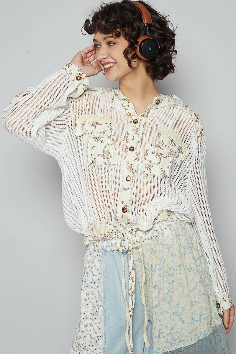 Pol Clothing - Vintage washed floral print patch crochet jacket