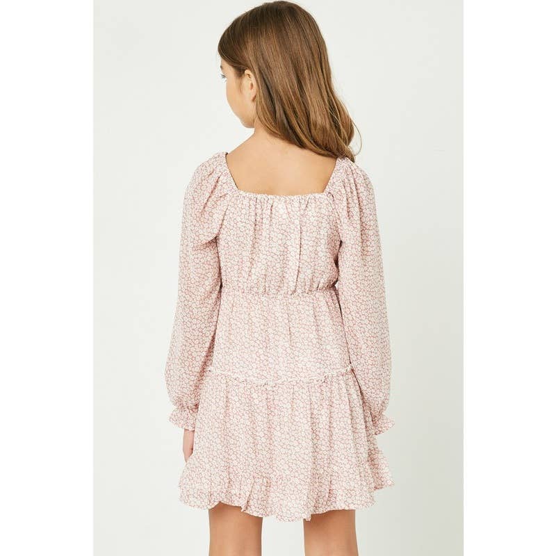 Paperdoll - Girls Smocked Square Neck Floral Mini Dress