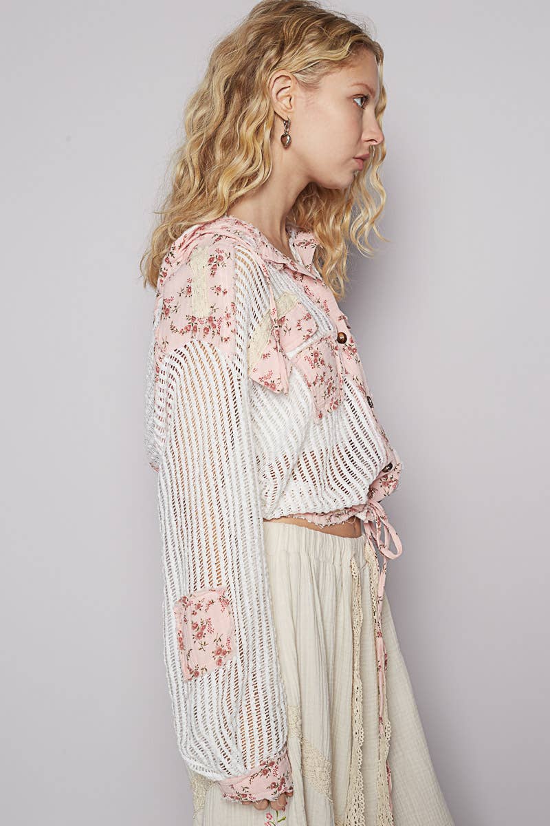 Pol Clothing - Vintage washed floral print patch crochet jacket